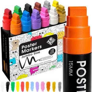 ZENO Jumbo Acrylic Paint Markers  12 Vibrant Colors, 3-in-1 15mm Chisel Tip, Waterproof Jumbo Poster Markers for Rocks, Wood, Glass, Fabric, DIY Crafts, Thick Paint Markers for Artists & Kids