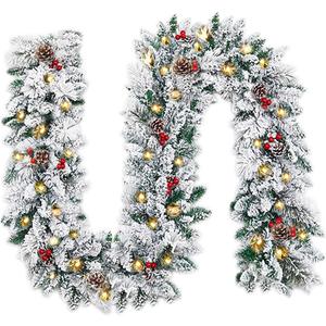 Christmas Garland with Lights,Xmas Garlands with Timer, 9ft Lighted Xmas Garland Snow for Mantle Staircase Front Door Stairs Railing Window Fireplace Winter Outdoor Home Decorations