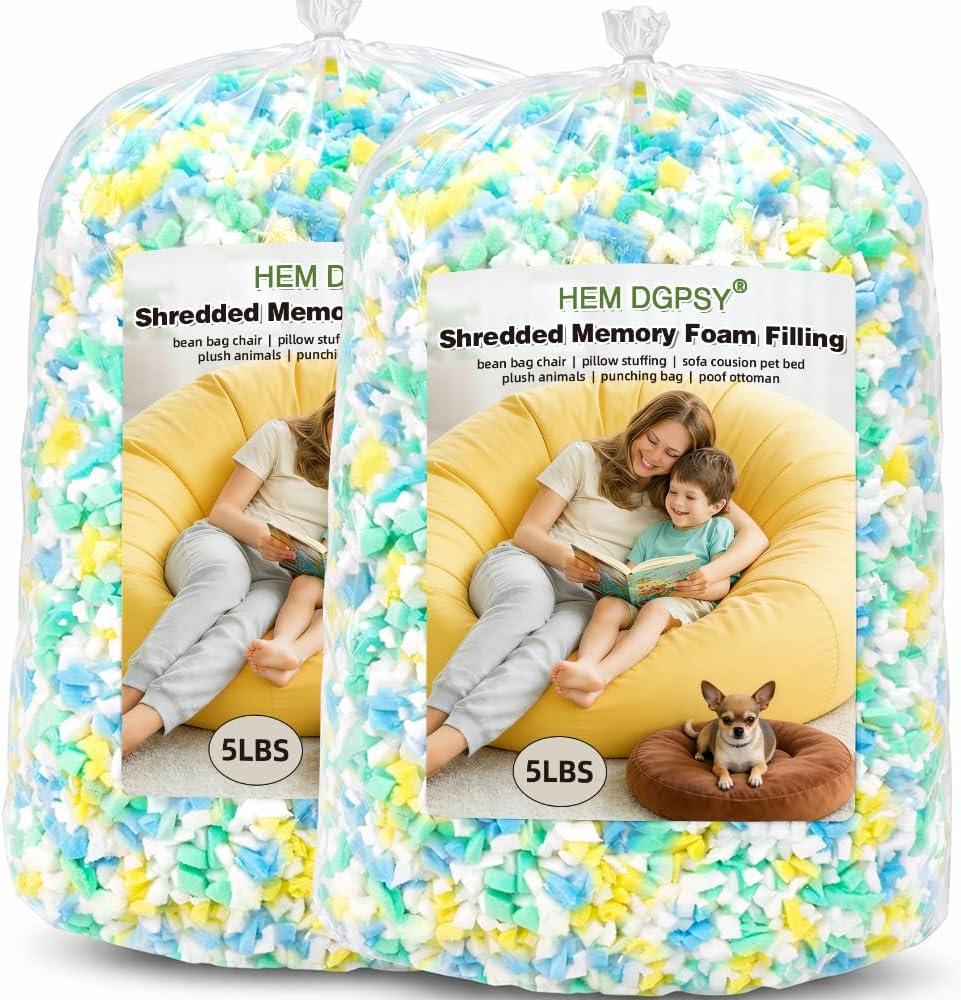 Bean Bag Filler 10lbs, Stuffing for Bean Bag Chair Refill, Shredded Memory Foam Filling for Punching Bag, Couch, Cushions, Dog Bed, Pillows (Multi Color)