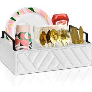 Paper Plate Dispenser, Paper Plate Holder for Kitchen Counter, Wood Rustic Silverware Utensil Caddy, Flatware Organizer with 6 Compartments- Plate Caddy for Picnic and Kitchen (White)