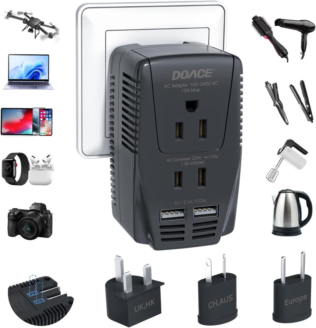 Upgraded 2200W 220V to 110V Converter for European Travel, Voltage Converter US to Europe for Hair Dryer Straightener Curling Iron, 2300W Adapter with EU/UK/AU/US Plugs for Laptop Camera Cell Phone (Black)