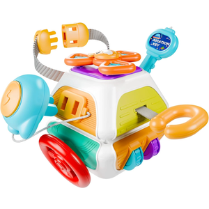 iPlay iLearn 10-in-1 Montessori Busy Board for 1 Year Old - Toddler Toys 1-2 Years with Car Steering Wheel & Keys, Car Travel Toys for Toddlers 1-3, Sensory Activity Cube, Birthday Gifts Baby Boys Girls