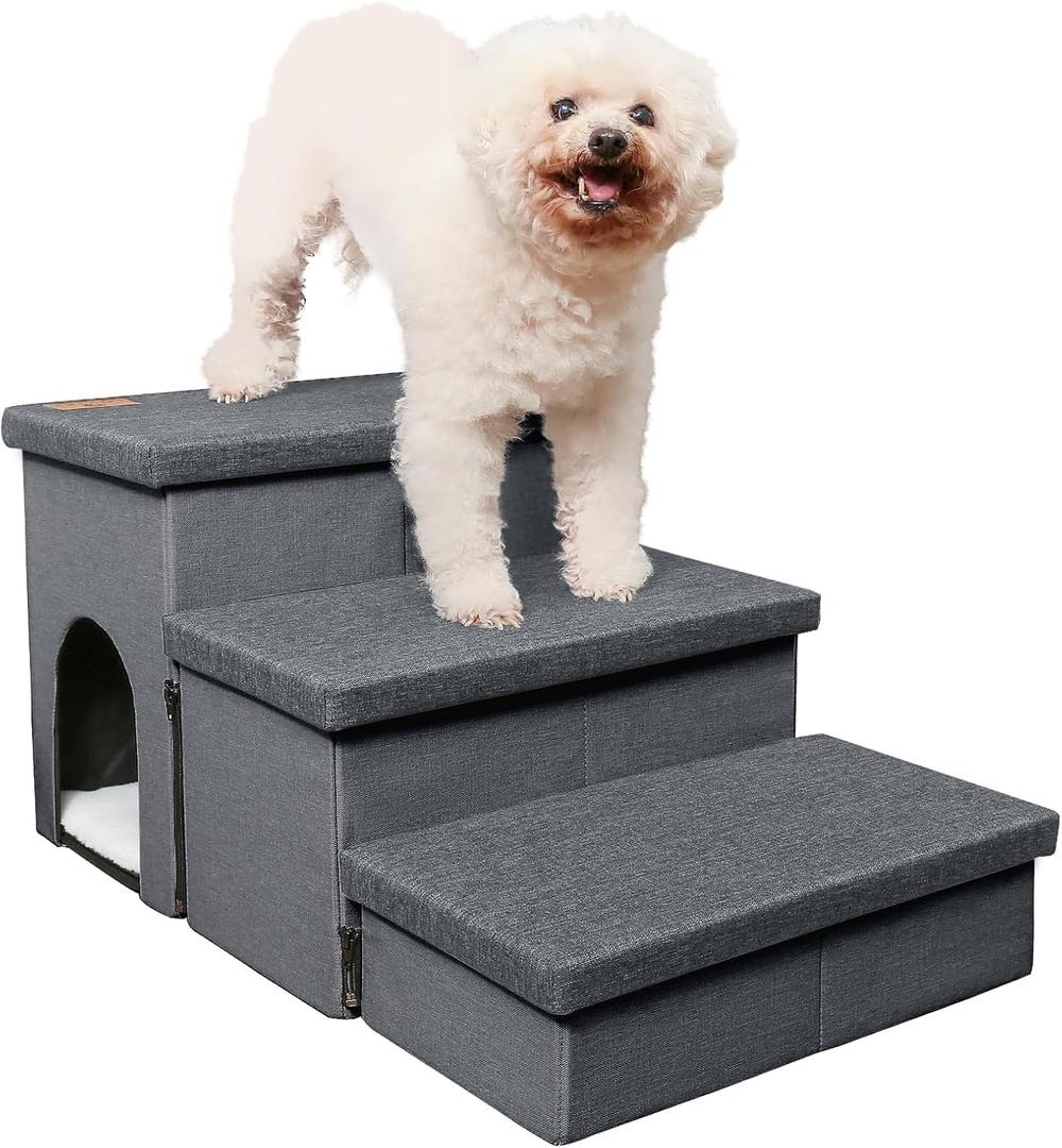 Dog Stairs for High Beds, Folding Pet Steps for Small Dogs and Cats with Storage and Condo, Non-Slip Dog Steps for Couch and Bed up to 22 inches(3 Steps, Dark Grey)