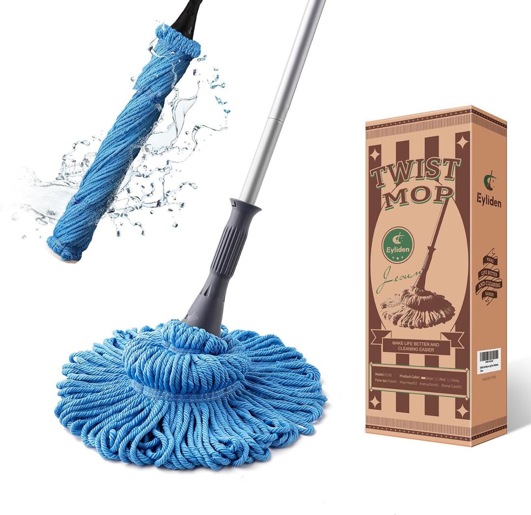 Eyliden Mop with 2 Reusable Heads, Easy Wringing Twist Mop, with 57.5 inch Long Handle, Wet Mops for Floor Cleaning, Commercial Household Clean Hardwood, Vinyl, Tile, and More (Blue)