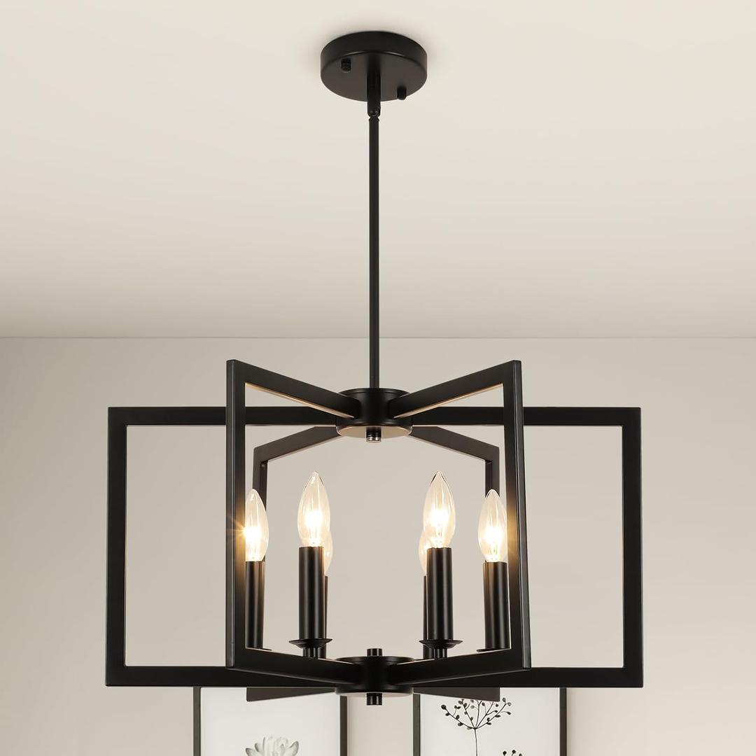 6-Light Black Chandelier Dining Room Light Fixture Geometric Metal Modern Industrial Pendant Lights Kitchen Island, Farmhouse Chandelier Lighting for Entryway Stairway Foyer Hallway