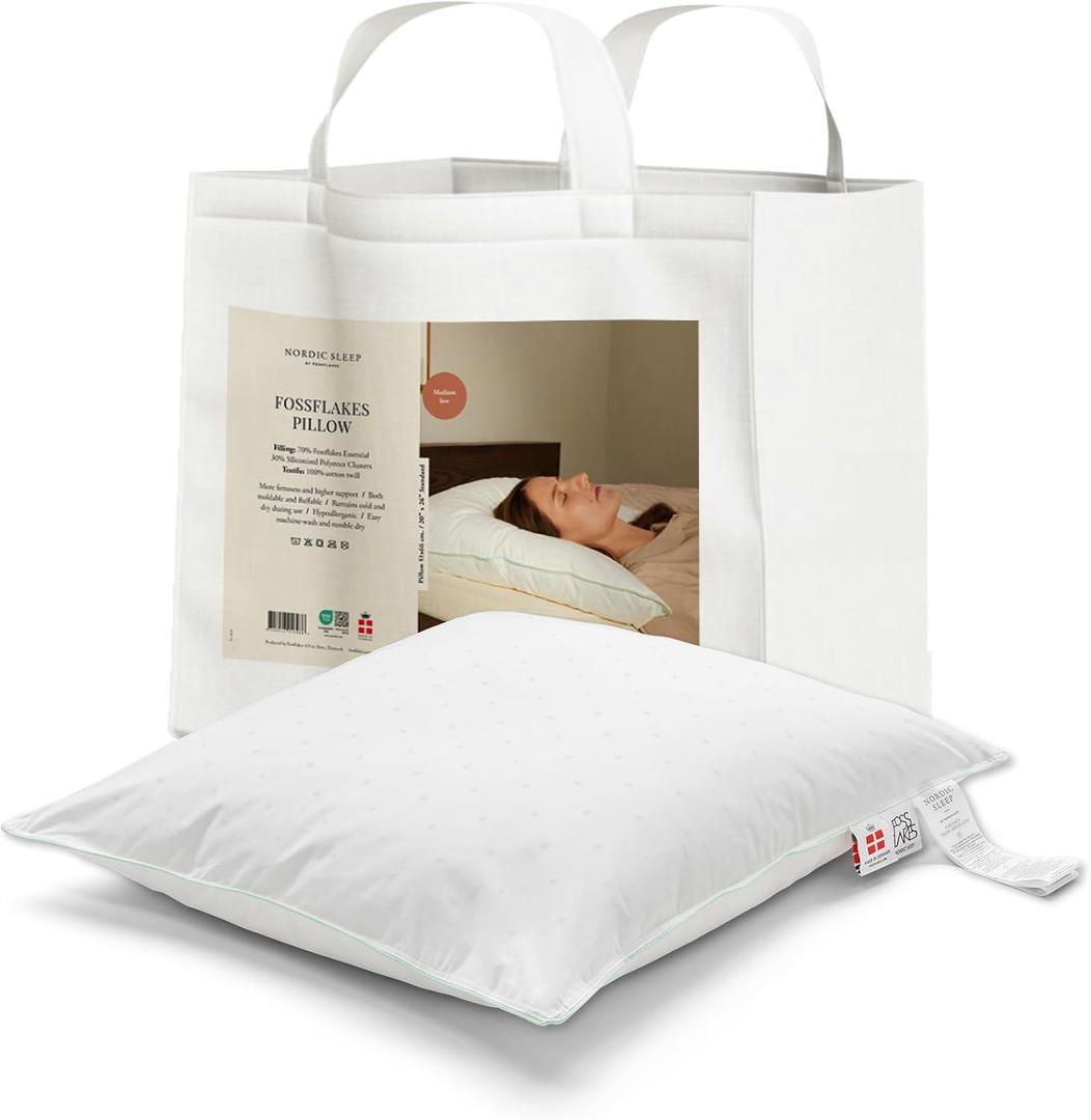 2 x FOSSFLAKES Nordic Sleep, Bed Pillow Hypoallergenic Supportive with Down Alternate, Breathable and Machine Washable, Ideal for Side and Back Sleepers (White Medium Low, Standard)