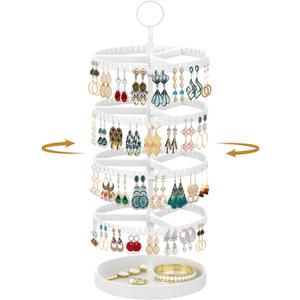 MODOWEY 4 Tier Rotating Earring Holder Organizer Display Tree with Metal Tray, Adjustable Plastic Stand with 228 Slots for Stud Hoop Hanger, Large Capacity Storage Rack for Women Space Saving, White