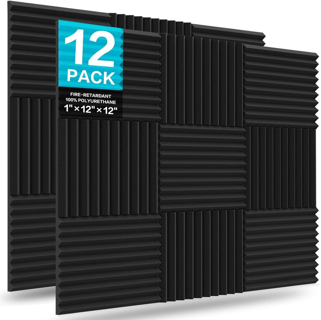 JBER 12 Pack Acoustic Foam Panels, 1" X 12" X 12" Sound Proof Foam Panels for Walls, High Desnsity Studio Soundproofing Wedges - Fire Resistant & Noise Absorbing for Studio, Office, Home (Black) (Black Non-Adhesive)