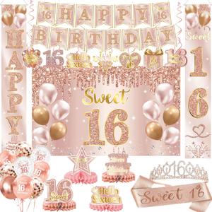 Sweet 16 Party Decorations 16th Birthday Decorations Backdrop, Banner, Honeycomb Centerpieces, Hanging Swirls, Porch Banner, Balloons, Sash, Pom Poms, Crown