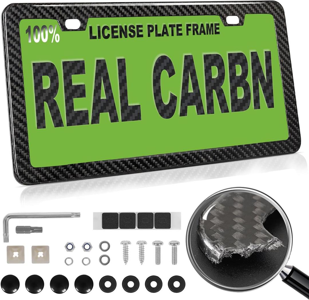 Real Carbon Fiber License Plate Frame Handcrafted 100% Full Carbon License Plate Frame Black 612 License Plate Holder Car Tag Frame with Anti Theft Screw Hardware - 1 Pack 2 Hole Slim Edge