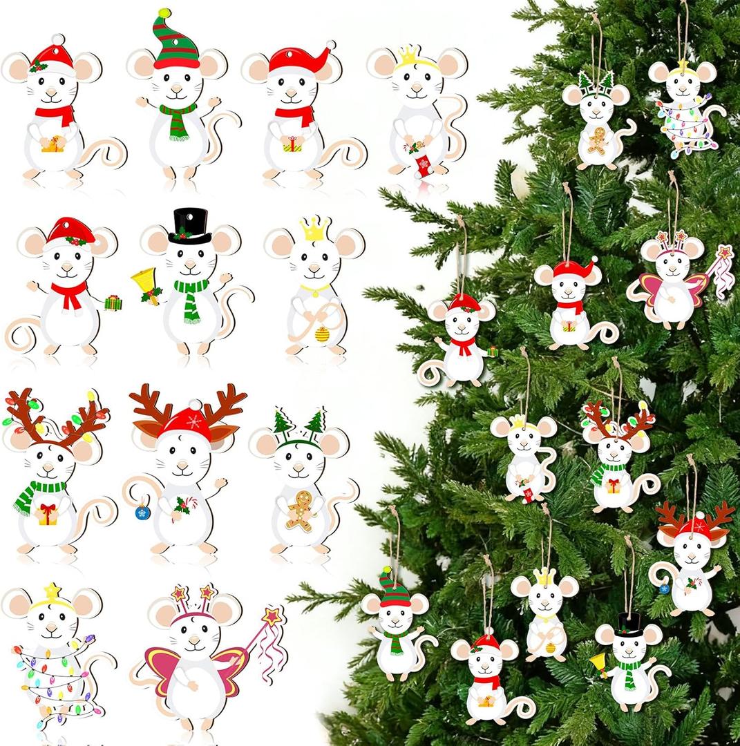 36 Pcs Christmas Mouse Ornaments Wooden Christmas Mice Tree Ornaments Woodland Cute Tree Wreath Decor Xmas Hanging Wood Cutouts Decor for Farmhouse Home Xmas Winter Holiday Party Favors