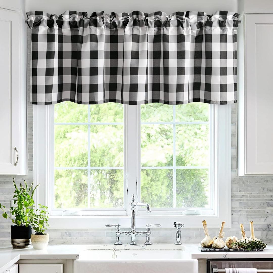 Hiasan Buffalo Plaid Curtains Valances for Windows - Black and White Semi Sheer Checkered Rod Pocket Valance for Living Room, Farmhouse, Bedroom, 52 x 18 Inches Length, 1 Panel