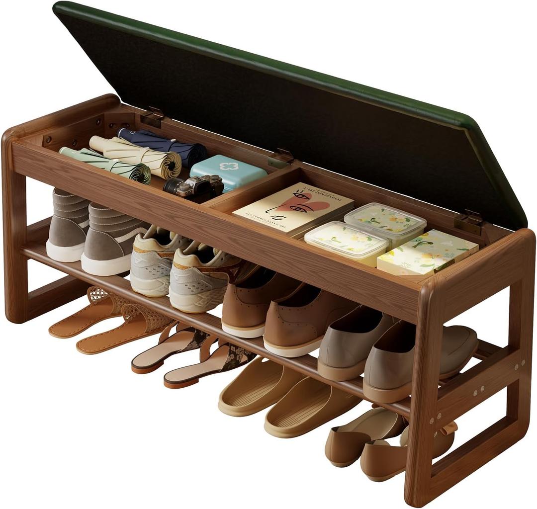 AQIMUELE Shoe Bench with Storage, Wooden 2 Tiers with Flip-Top,Green,39.3", 11.8"D x 39.3"W x 15.7"H