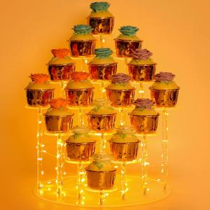 Cupcake Stand for 16 Cupcakes,Ideal Acrylic Cupcake Tower Stand with Yellow Lights,Cupcake Display Stands for Parties, Perfect Cupcake Holder for Dessert Tables.