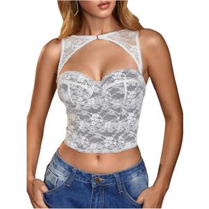 WDIRARA Women's Cut Out Lace Crop Bustier Corset Tank Top Sexy Going Out Party Club Tops (White & Black) Small