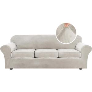 H.VERSAILTEX Velvet 4 Piece High Stretch Sofa Slipcover Cover Furniture Protector Form Fit Luxury Thick Velvet Extra Large Sofa Cover for 3 Cushion Couch Width Up to 97 Inch (XL Sofa, Oatmeal)