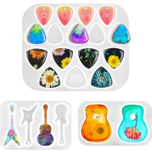 Resin Mold Silicone, CAYUDEN 3 Pack Guitar Pick Silicone Epoxy Resin Mold Creative Guitar Accessories Art Molds Pendant Epoxy Molds Non-Stick Casting Mould for Gem Art Keychain, Gift