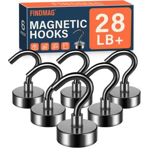 FINDMAG Black Magnetic Hooks 22 lbs Strong Neodymium Magnet Hooks for Hanging, Magnet with Hook for Cruise, Grill, Fridge, Pack of 6