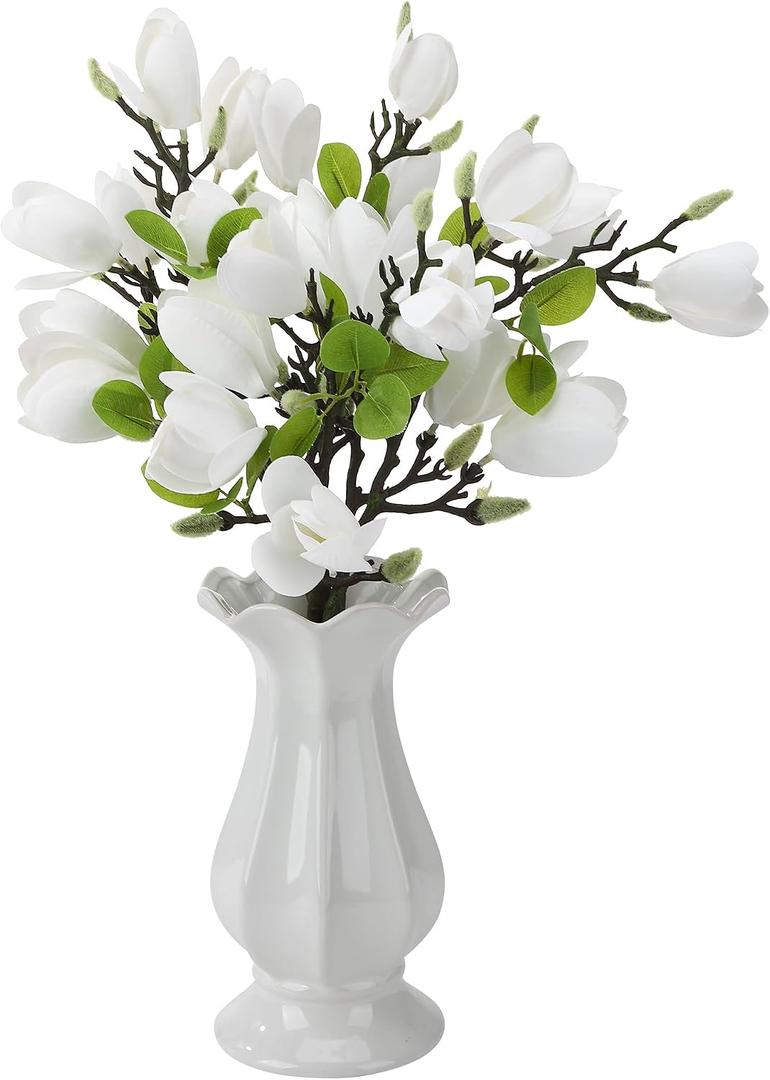 6 PCS Artificial Magnolia Flowers Stems 19.1 Inch Fake White Flora Branches Realistic Home Decor Tall Vase Centerpiece Indoor Wedding Bouquet Filler