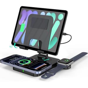3 in 1 Wireless Charger for Apple Charging Station for iPhone Mag safe Charger for iPhone 17 Pro Max/16/15/14, Foldable Watch for Apple Watch 10/9/8/7, Rotating Stand for iPad Charging Station (black)
