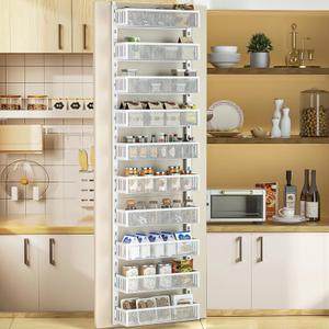 10-tier Over The Door Pantry Organizer with Mesh Baskets, Adjustable & Stable Hanging Spice Rack for Kitchen, Bathroom, Bedroom, and Baby Essentials Storage (16" W 10-Tiers, White)