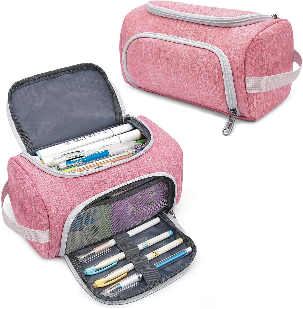XQXA Extra Large Capacity Pencil Case Organizer, Multifunctional Pencil Pouch with Compartmens, Travel Simple Stationery Bag, Nylon Pencil Bag for Adults (Pink)