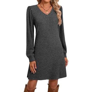 Ficerd Women's Knit Long Sleeve Sweater Dress Casual V Neck Tunic Dresses Fall Trendy Outfits Size M