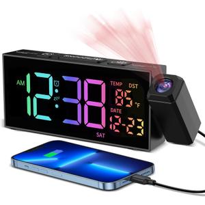 Netzu Projection Clock for Bedroom Ceiling, Alarm Clocks with 180 Rotatable Projector, Date Temperature and Weekday, Manual DST, 5 Brightness, 10 Ringtones, 4 Volumes and Snooze (RGB)
