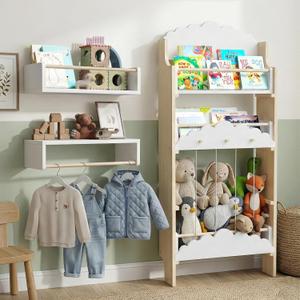 Montessori Bookshelf for Toddlers with Toy Storage & Hooks | Front Facing Kids Bookshelf | Nursery & Playroom Organizer | 4-Tier Kids Book Rack | Floor or Wall Mounted Modular Design