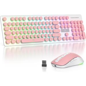 Backlit Pink Keyboard and Mouse Wireless, 2.4GHz Light Up Typewriter Rechargeable Quiet Keyboard Cordless with USB Receiver for PC/Laptop(Pink)