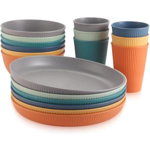 Anbte Plastic Plates and Bowls Sets, 18pcs Unbreakable Dinnerware Set for 6, Lightweight Reusable Dishes Set Microwave & Dishwasher Safe Modern Dinner Set, for Kitchen Outdoor Travel Camping Picnic