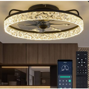 zouzai 20" Smart Ceiling Fan with Light – Flush Mount, Remote & APP Control, Low Profile, Dimmable LED – Classic Crystal Design in Black