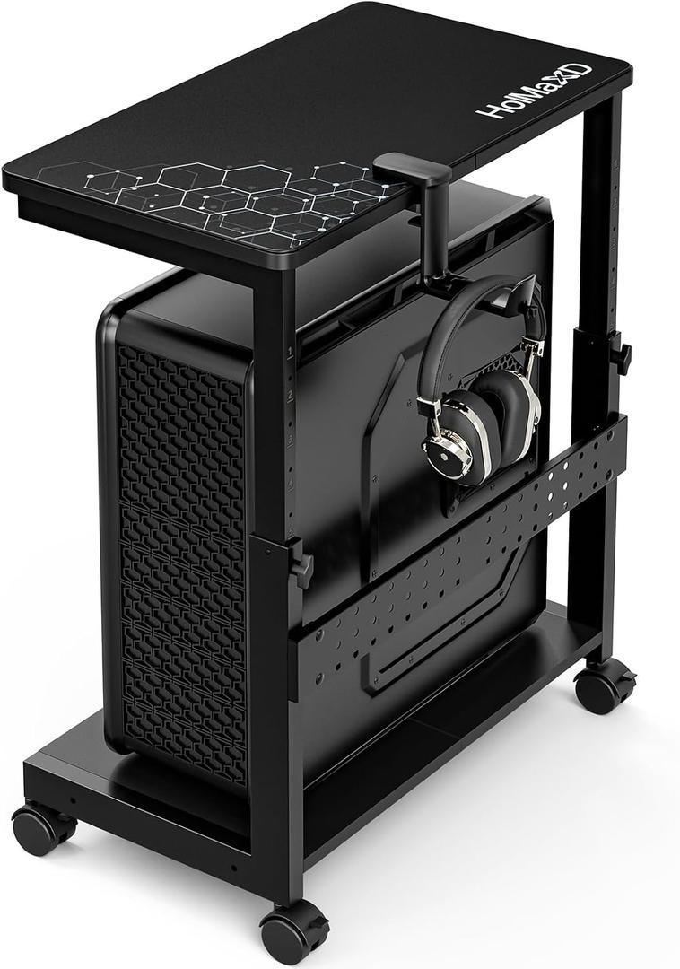Height Adjustable Computer Tower Stand, 2-Tier ATX-Case CPU Holder with Mouse Pad & Headphone Stand, Mobile PC Standing Under Desk, Home Office Gaming Accessories, Computer Cart Wheels, Black