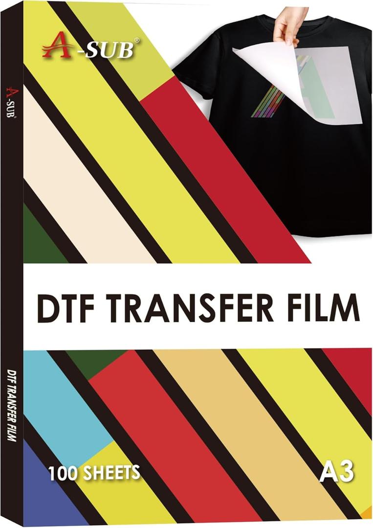 A-SUB DTF Transfer Film A3(11.7x16.5 Inch) - 100 Sheets Double Sided Matte DTF Transfer Film for Sumblimation or DTF Inkjet Printer, Direct to Film PET Transfer Paper for T Shirts Textile