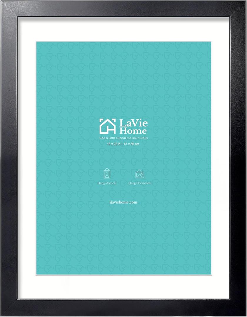 LaVie Home 16 x 22 Picture Frame Black Poster Frame, Display Pictures 12x18 with Mat or 16x22 Without Mat, Stable and Sturdy Frame and Polished Plexiglass, Horizontal and Vertical Format of The Walls