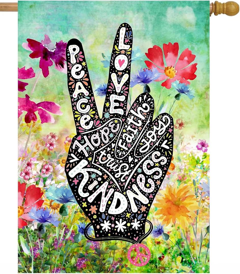 Peace Love Floral Flowers Spring Watercolor Art House Flag 28 x 40 Inch, Double Sided Large Garden Yard Welcome Flags Banners for Home Lawn Patio Outdoor Decor