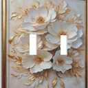 Decorative Art Light Switch Covers Elegant Gold White Floral 2 Gang Double Toggle Outlet Wall Plate Switchplate Electrical Faceplate for Home,BathRoom & Living Room Decor