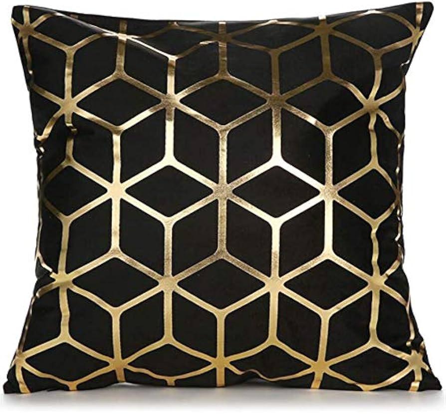 DEZENE 24x24 Inch Gold Velvet Throw Pillow Covers: Square Decorative Pillow Cases for Bedroom Sofa Couch Living Room, Black