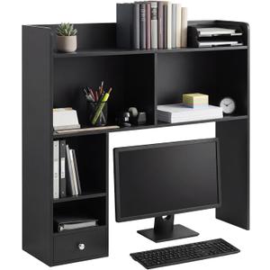 Cinnvoice White Desktop Bookshelf Countertop Storage Hutch with Drawer for Computer Desk 5-Tier Display Rack Multipurpose Wood Desktop Hutch Storage Organize for College Dorm Home Office Supply, 32.3 x 31.5 x 7.9 inches