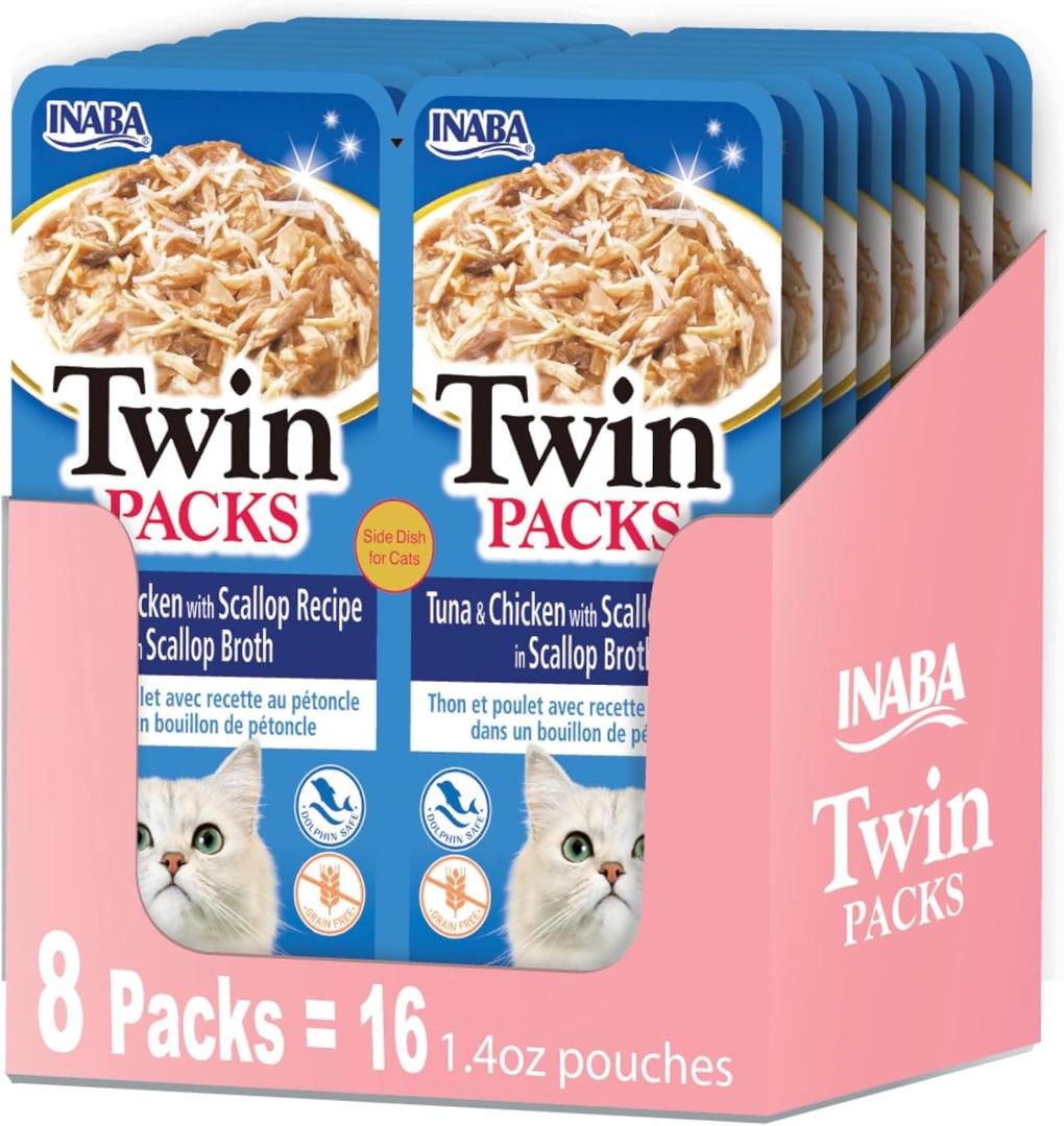 INABA Twin Packs for Cats, Shredded Chicken & Broth Gele Side Dish/Topper Pouch, 1.4 Ounces per Serving, 16 Servings, Tuna & Chicken with Scallop Recipe in Scallop Broth (EXP 04/24/27)