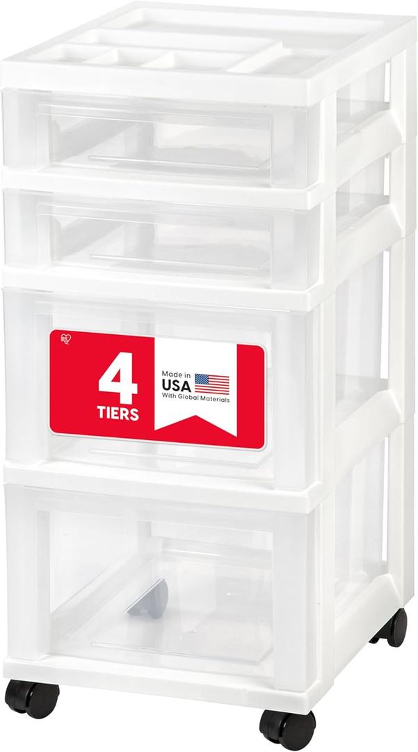 IRIS USA Plastic Drawer Storage Organizer Rolling Cart, with Wheels Casters, 4-Drawers, for Classroom Art Craft Supplies Dresser Closet Bathroom Laundry Room, White/Clear (Standard)