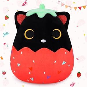 Hkojewp Black Cat Plush, Cute Strawberry Black Cat Stuffed Animal, Soft Plushies Cat Plush, Kawaii Cat Stuffy Toys Great Gift for Kids Girls Boys (8 Inch)