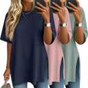 3 Pack Women's Oversized Waffle Knit Short Sleeve Tops Side Split Crewneck Loose Long T-Shirts Summer Casual Tees (XL)