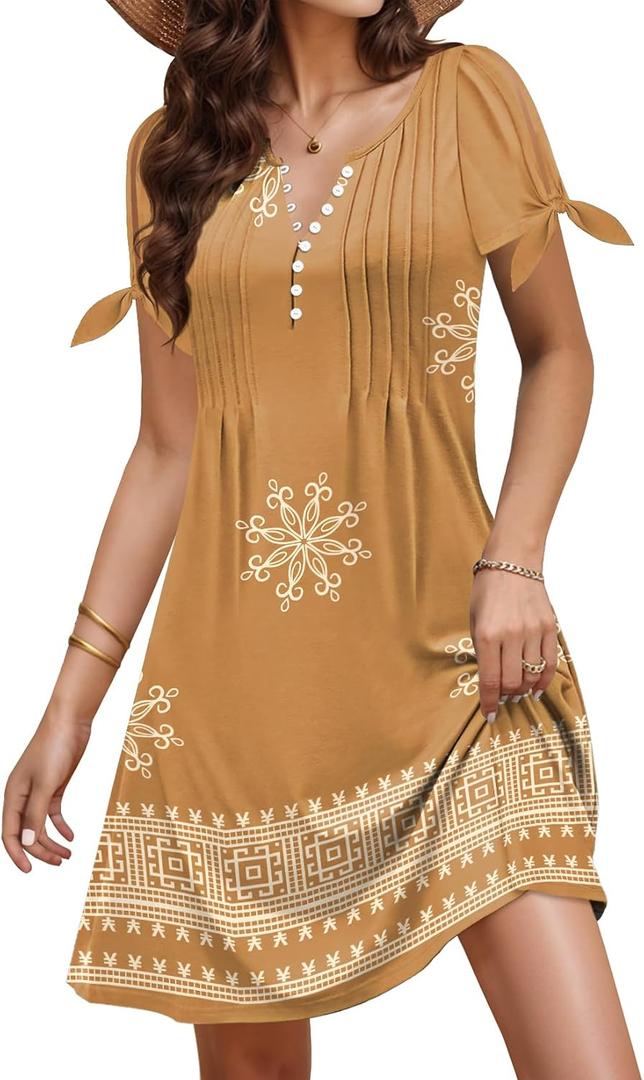 SAUKOLE Womens Summer Dresses Tie Knot Short Sleeve Sundress Casual Buttons V Neck Pleated Front Dress with Pockets (M)