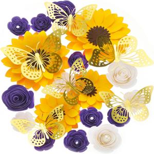 Nezyo 30 Pack Flower and Butterfly DIY Decorations Set 18 Pcs Flower Heads 12 Pcs 3D Butterfly Flat Back Roses Yellow Sunflower Heads for Grad Hats Wedding Baby Shower Home Decor(Yellow, Purple)