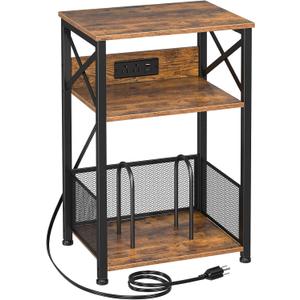 AMHANCIBLE Record Player Stand with Charging Station, Turntable Stand with Storage Cabinet, 3 Tier End Table Hold Up to 100 Albums, Record Table for Vinyl, Living Room, Rustic Brown, HETCD01BR-1 (W 15.75" x D 11.41")