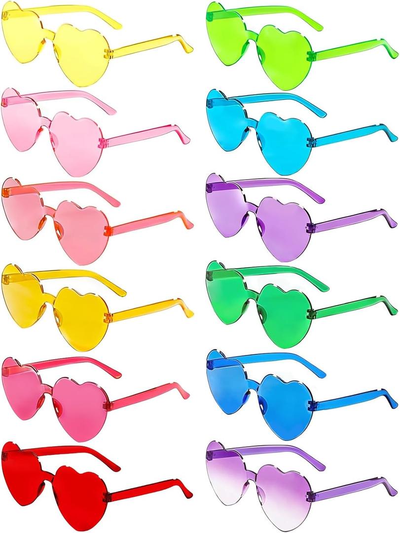 12 Pairs Heart Shaped Sunglasses Candy Color Rimless Fun Heart Glasses for Women Party Favors