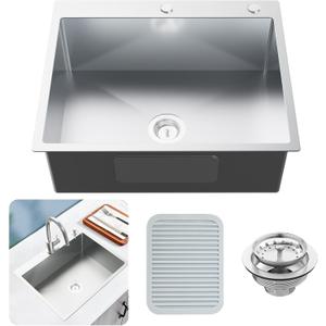 Kitchen Sink, Stainless Steel 27 x 22 Inch Drop In Kitchen Sink Single Bowl Top Mount Kitchen Sink Set - Silicone Mat And Drain Assembly For Modern Kitchen Stylish and Functional