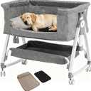 Bedside Dog Bed Co Sleeper- 6-Level Adjustable Elevated Dog Bassinet for Small Dogs & Cats UP to 15 Kg/33 lbs, Pet Bed Attachment to Human Bed, Lockable Wheels, 2 Removable & Washable Cushions