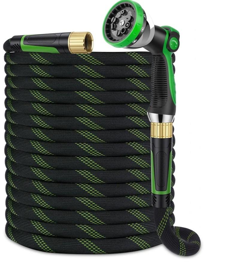 100 ft, Non-Expandable Ultra-Lightweight Flexible Hose with 360° Dual-End Anti-Kink Design, 10-Pattern Spray Nozzle, 500 PSI Leak-Proof, 96-Strand Braided Fabric, Storage Strap